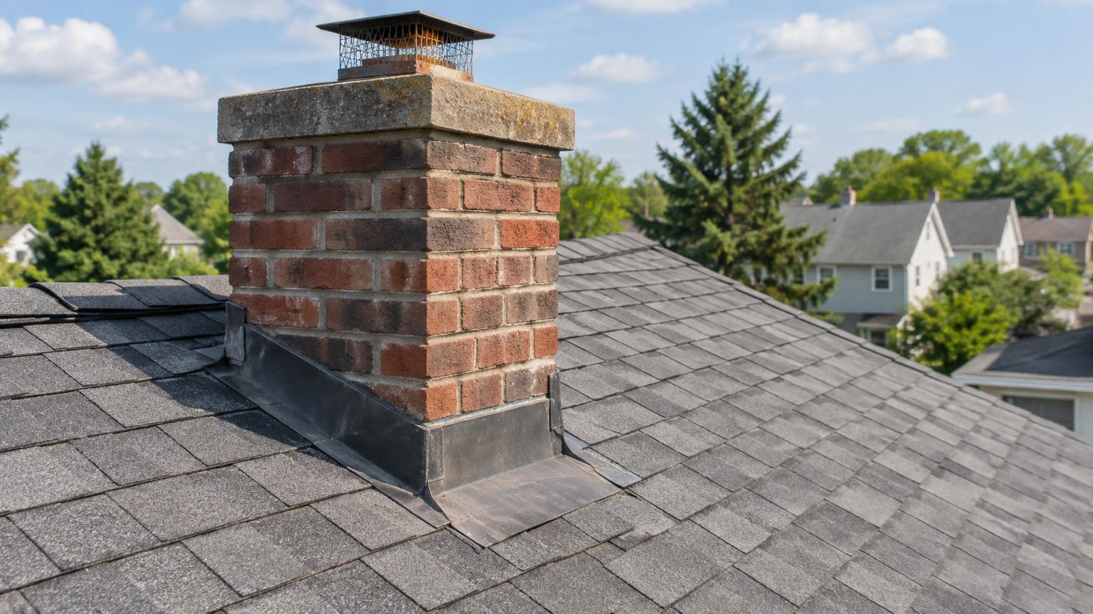 Asphalt-shingle roof with a chimney and vent pipe visible.